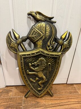 Gold Lion Crest Shield Knight Heraldic Wall Plaque